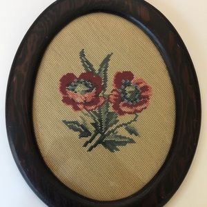 Vintage Crewel work Embroidery Flowers Framed Oval